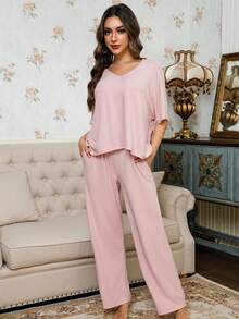 2pcs/Set Minimalist Pink Loose Pajama Set, Spring & Autumn - Pink - View 2