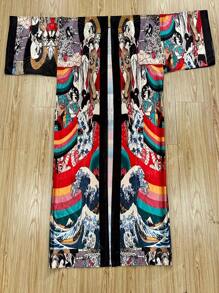 Kimono de manga larga con abertura delantera, estilo bohemio, de talla grande, con estampado vibrante, ligero y transparente como cubrebotas de playa, de tela de poliéster sin elástico, prenda exterior casual para mujer para vacaciones