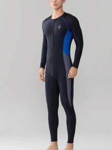 1 Peça Roupa de Banho Masculina de Estilo Esportivo Elegante com Estampa de Letra, de Manga Longa e Calça Longa, Design Elástico e Afunilado, Adequado para Esportes, Praia, Natação, Surfe na Primavera/Verão, Tecido de Malha que Cobre Todo o Corpo