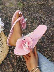 2025 New Summer Creative Korean Style Orchid Floral Print Thong Sandals, Minimalist Chic, Versatile, Flat, Suitable For Beach Holiday - Pink - View 4