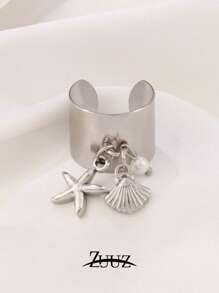 1 pièce Bague large ouverte en acier inoxydable et plastique ronde avec pendentif coquillage de perle et étoile de mer. Cadeau de bijoux charmants pour femmes, convient pour un port quotidien