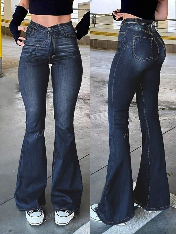 Women's Casual Versatile Elastic Denim Flare Pants With Pockets