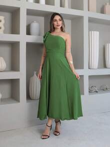 Helena Luxury Dune Linen Midi Dress With Bow On The Sleeve - Olive Green - View 1