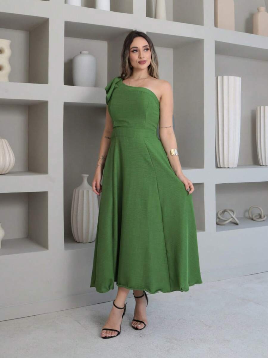 Helena Luxury Dune Linen Midi Dress With Bow On The Sleeve - Olive Green - View 1