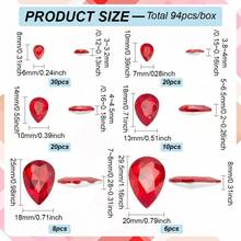94 Pcs Teardrop Glass Rhinestones 6 Sizes Pointed Back Rhinestone Red Faceted Glass Rhinestones Gems Crystal Jewelry Embelishments With Plated Back For Craft Decor Jewelry Making - Red - View 2
