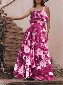 Bộ 2 món họa tiết hoa mới mùa xuân/hè, áo dây nhún bèo và chân váy dài, trang phục đi biển thường ngày theo phong cách Bohemian dành cho nữ, váy đi biển - Màu Hoa hồng đỏ - Xem 8