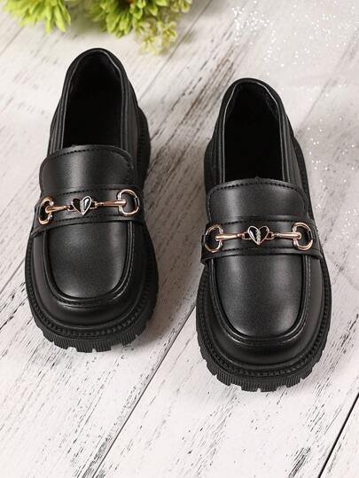 1 Pair Plain Black Plus Size Infant/Toddler Girls' Princess Patent Leather Patchwork Glitter Heart Decor Round Toe Flat Non-Slip Elevator Loafers, Fashion Luxury Cute Suitable For 3-15 Years Old Girls For Party, Dance, Daily, Vacation, Spring/Autumn