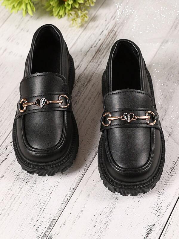 1 Paar einfache schwarze Große Größen Baby/Kleinkind Mädchen Prinzessin Lacklederschuhe mit Patchwork Glitzer Herz Dekor, runde Zehenkappe, flach, rutschfest, modisch luxuriös und niedlich, geeignet für 3-15 jährige Mädchen für Party, Tanz, Alltag, Urlaub, Frühling/Herbst