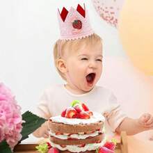 草莓皇冠头饰，粉色闪光新生女婴1岁/2岁生日头饰，草莓主题拍照道具和派对装饰，1岁生日装饰，怀孕公告 - 彩色 - 查看 4