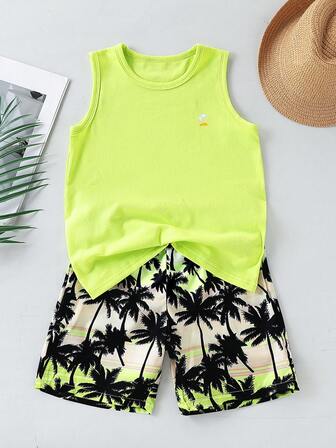 2 Pieces Casual Set: Teen Boy' Tree Print Sleeveless T-Shirt And Elastic Waist Hawaii Shorts