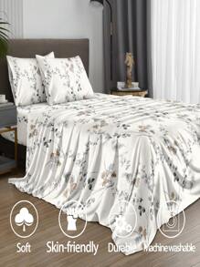 4 bucăți/set Set de cearșafuri cu model de frunze florale de grădină Set de lenjerie de pat moale din microfibră de îngrijire ușoară Set de lenjerie de pat cu flori (1 cearceaf plat+1 cearșaf de pat+2 buc de fețe de pernă)Set de cearșaf de pat King Queen Full TWIN SIZE Buzunar adânc de până la 11,8 inci Față de pernă, moale, respirabilă, pentru hotel de lux, cadou pentru dormit Prietene