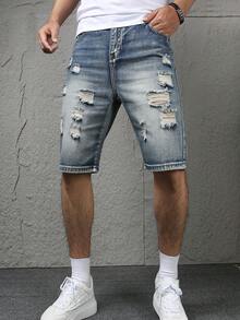 Teen Boys' Fashion Comfortable Casual Denim Knee-Length Shorts - Blue - View 1