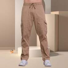 Unisex Cargo Pants Wide Leg Twill With Pockets, Loose, Cozy, - 棕色 - 查看 1