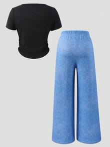 Mädchen Lässig Set aus einfarbigem T-Shirt und Hose mit Denim-Optik und Blumen-Muster, Frühling/Sommer Set