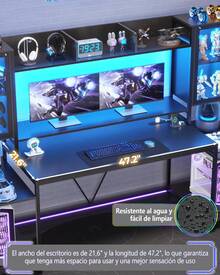 Escritorio Gamer Para Pc 190cm Con Luces, Enchufes, Estantes - Negro - Ver 5