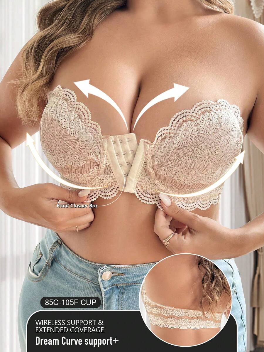 Front Closure Plus Size Women Lace Patchwork Bra With Underwire, Comfortable Lingerie - White - View 1