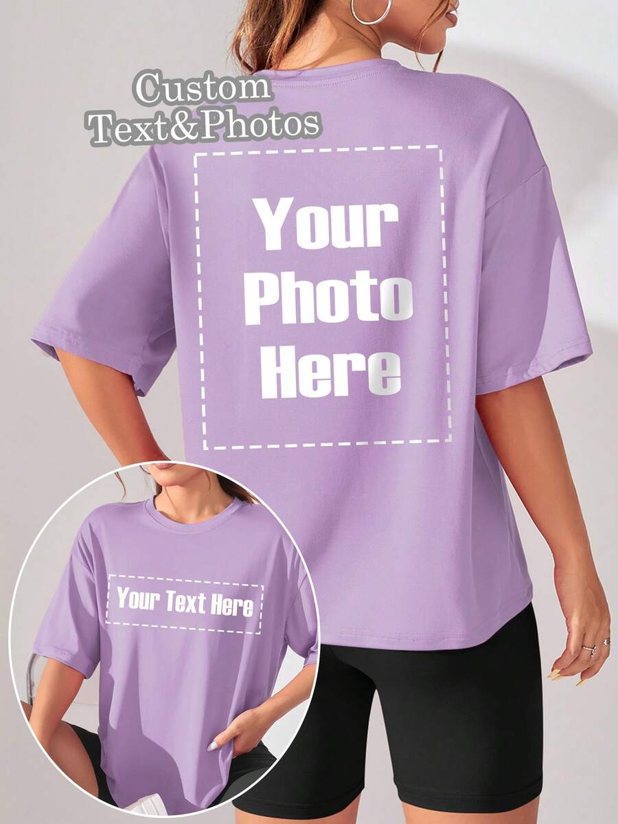 Customized Women's T-Shirt - Add Your Text And Photos (Landscape, Badge, Couple, Family, Selfie, Pet, Etc.), Printed On Front And Back, Design Your Personalized Printed T-Shirt As A Gift - Purple - View 1