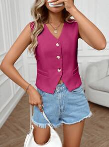 Damen neue stilvolle, vielseitig einsetzbare Lässig V-Ausschnitt Weste, minimalistisch elegante kurze Weste aus Webstoff, Fake-Taschen, geeignet für den täglichen Gebrauch im Frühling/Sommer/Herbst