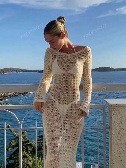 Vestito primavera/estate da donna di colore beige tinta unita, aderente, sexy, senza schiene, semplice e atmosferico, in maglia, con maniche lunghe, stile da luna di miele, stagione dei matrimoni, vacanza al mare, effetto trasparente e traforato