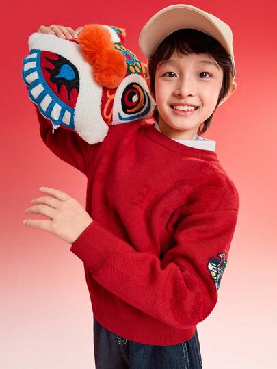 Balabala 儿童青少年男童春季针织毛衣，长袖红色柔软套头衫