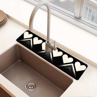 1 pieza Estera de secado de vajilla con estampado de amor en blanco y negro, alfombrilla antideslizante y absorbente para fregadero de cocina y baño, decoración de cocina y mesa para primavera y verano, disponible como regalo