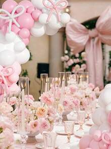 1set Birthday Decorations Bow Pink And White Balloon Arch Kit Include Bow Balloon Light Pink White Bow Balloons For Pink Bow Birthday Party Decorations - Multicolor - View 4
