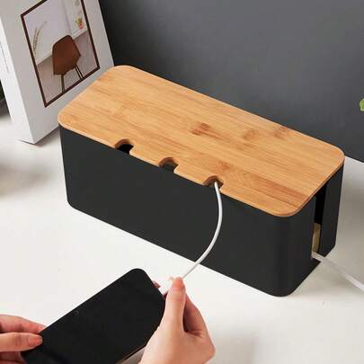 1入組黑色ABS電線整理盒，帶竹蓋和孔，適用於桌面或插座上的電源線、充電器、數據線、集線器