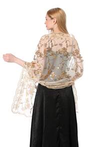 1 件女士时尚优雅波西米亚风格亮片刺绣披肩/围巾，适合婚纱、新娘礼服、伴娘、舞会、晚会