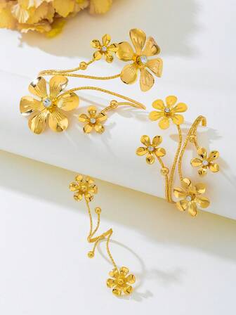 1 套复古几何花卉水钻手镯、手链和戒指首饰套装，适合女士、派对礼物