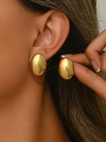 1 Pair Minimalist Elegant Smooth Oval Stainless Steel Stud Earrings, Suitable For Women's Daily Wear/Party, Great Gift For Her