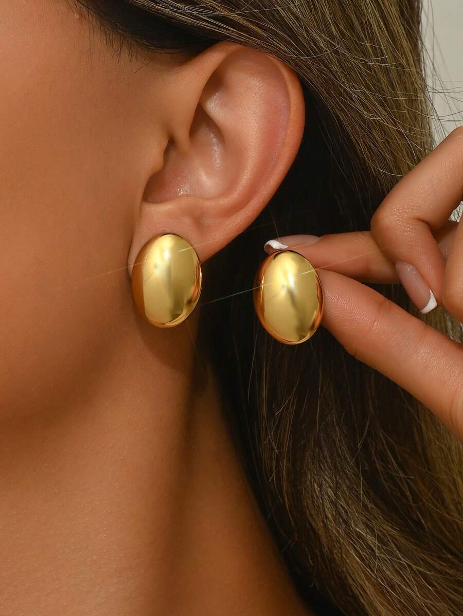 1 Pair Minimalist Elegant Smooth Oval Stainless Steel Stud Earrings, Suitable For Women's Daily Wear/Party, Great Gift For Her