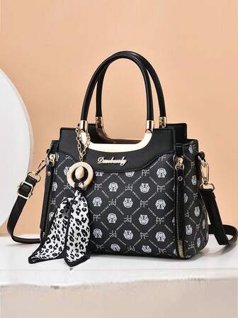 设计师灵感女士几何印花大容量单肩包，带衬里，拉链开合，时尚斜挎包，适合工作和休闲