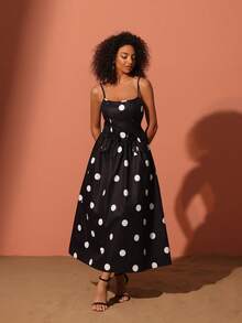 女士优雅圆点印花后蝴蝶结装饰节日连衣裙