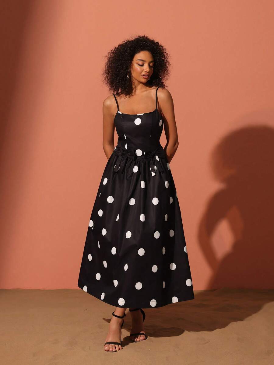 女士优雅圆点印花后蝴蝶结装饰节日连衣裙