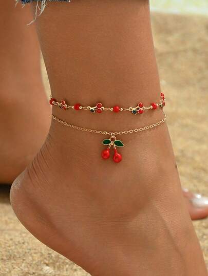 2pcs/Set Charming Enamel Cherry Pendant Anklet, Sweet Fashion Foot Jewelry For Daily Wear, Beach, Date, Party, Handmade Chain Arrangement