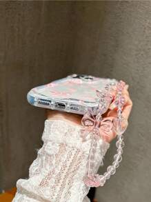 Cherry Transparent Watercolor With Chain Cream Wavy Edge Shockproof Thick Phone Protective Case, Printed Design Compatible With IPhone 16, 11, 13, 16 Pro Max, And Galaxy S23, S24, S25, A13 4G, A22, A21S, A51 4G, A52, S22 Ultra, Redmi 10 Waterproof Anti-Fall Scratch Resistant