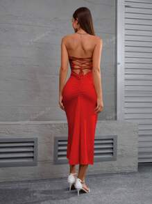 1 peça Novo Vestido Longo com Alças, Decote Costas Nuas e Franzido, Estilo Europeu/Americano, Sexy para Festa/Férias