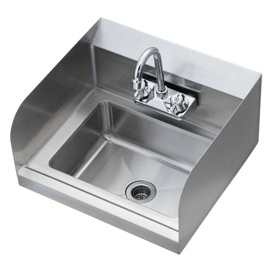 Fregadero de mano comercial con grifo y salpicadero lateral, fregadero de acero inoxidable certificado NSF para lavado, pequeño fregadero de mano, lavabo de pared para restaurante, cocina, bar, garaje y hogar, 17 x 12.8 pulgadas por defecto - Multicolor - Ver 1