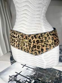 European & American Y2K Chic Spring/Summer New Fluffy Leopard Print & White Full Stud Embellished Wide Ladies Belt, Fashionable Niche Ins-Style High-End Belt Compatible With Skirts, Pants, Coats, Versatile Rivet Extra Wide Waistband Summer, School Fall, Autumn, Halloween - Multicolor - View 14