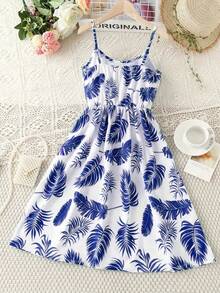 Dziewczęca sukienka bez rękawów, letnia, z nadrukiem liści, elastyczna, z mieszanki poliestru - odkryte ramiona, długość do kolan, odpowiednia na imprezę i plażę, sukienka plażowa - Niebieski - Zobacz 2