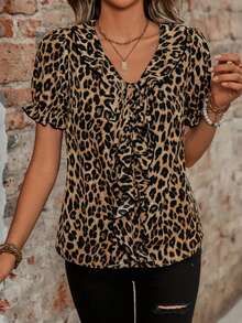 女式豹纹 V 领衬衫，荷叶边饰边和系带腰部，优雅短袖上衣，春夏 - 豹紋 - 查看 3