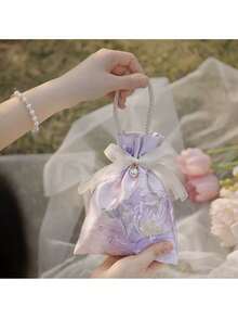5/10 piezas, Bolsas de regalo con cordón estampadas con flores, perlas y cintas para bodas, duchas, cumpleaños y ocasiones especiales - Tela de lino y poliéster, Día de San Valentín, Día de la Madre, Primavera, Verano - Multicolor - Ver 6