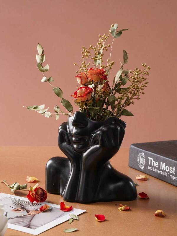 Black Resin Face Vase, Female Head Half Chest Vase Bohemian Feminism Minimalist Decoration Modern Nordic Style Floral Vase Suitable For Home Living Room Office Bookshelf Decoration,Room Decor, Home Decor, Birthdaydecor,Kitchen,Wedding, Bedroom Decor, Livingroom Decor, Gift, Party Decor