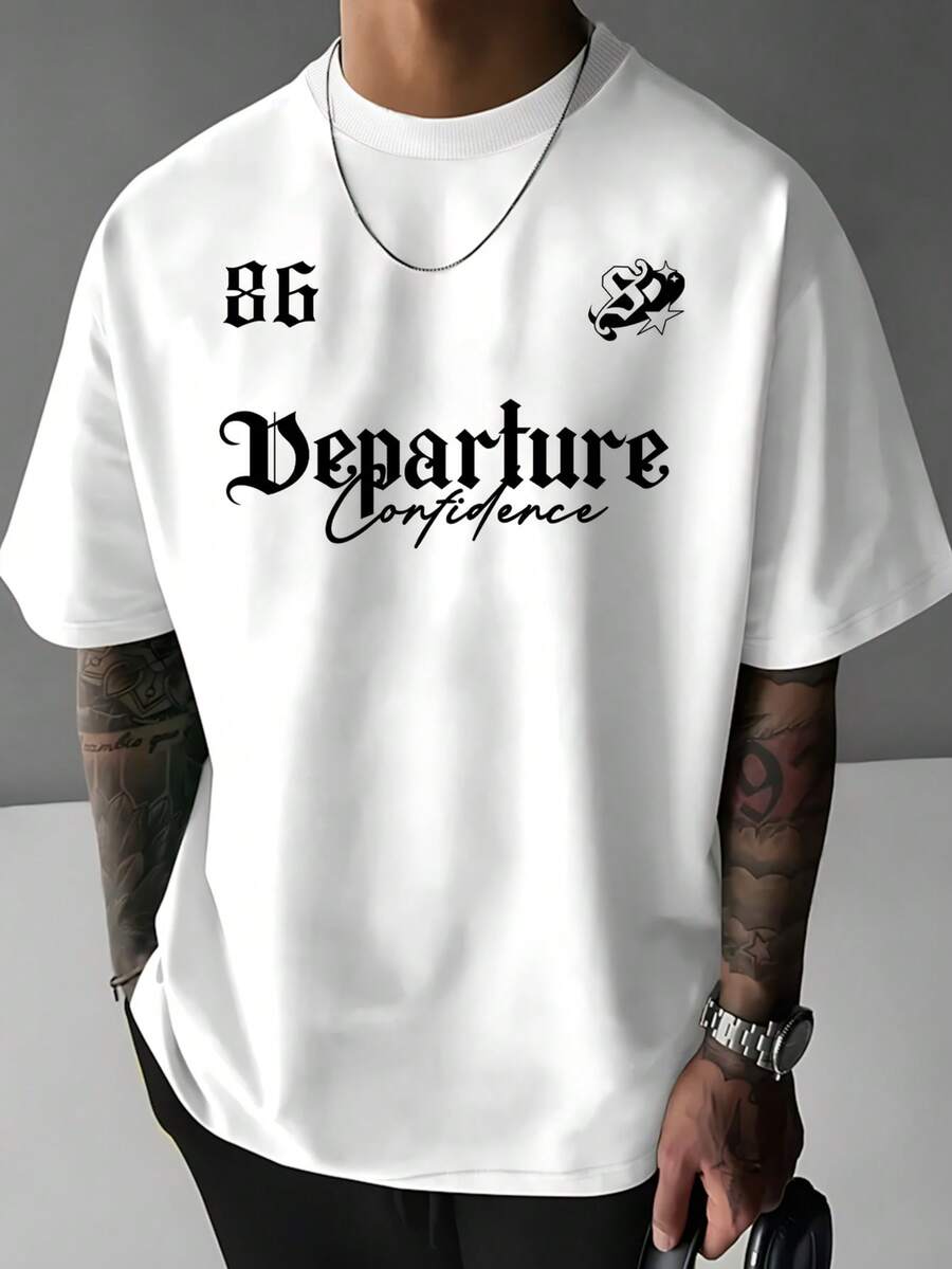 Men'S Street Style "Departure" Graphic Tee - Black Loose-Fitting Short Sleeve T-Shirt With Skull & Gothic Font Design, Summer Casual Wear, Casual Summer Wear | Skull Print Tee | Glossy Finish, PLUS SIZE - 白色 - 查看 1