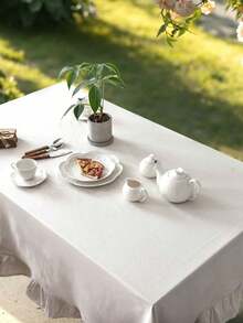1pc Plain Linen Tablecloth With Ruffle Hem, Vintage Rustic Style For Kitchen, Dining Table, Coffee Table, TV Stand, Valentine's Day, Wedding Decor - Multicolor - View 8