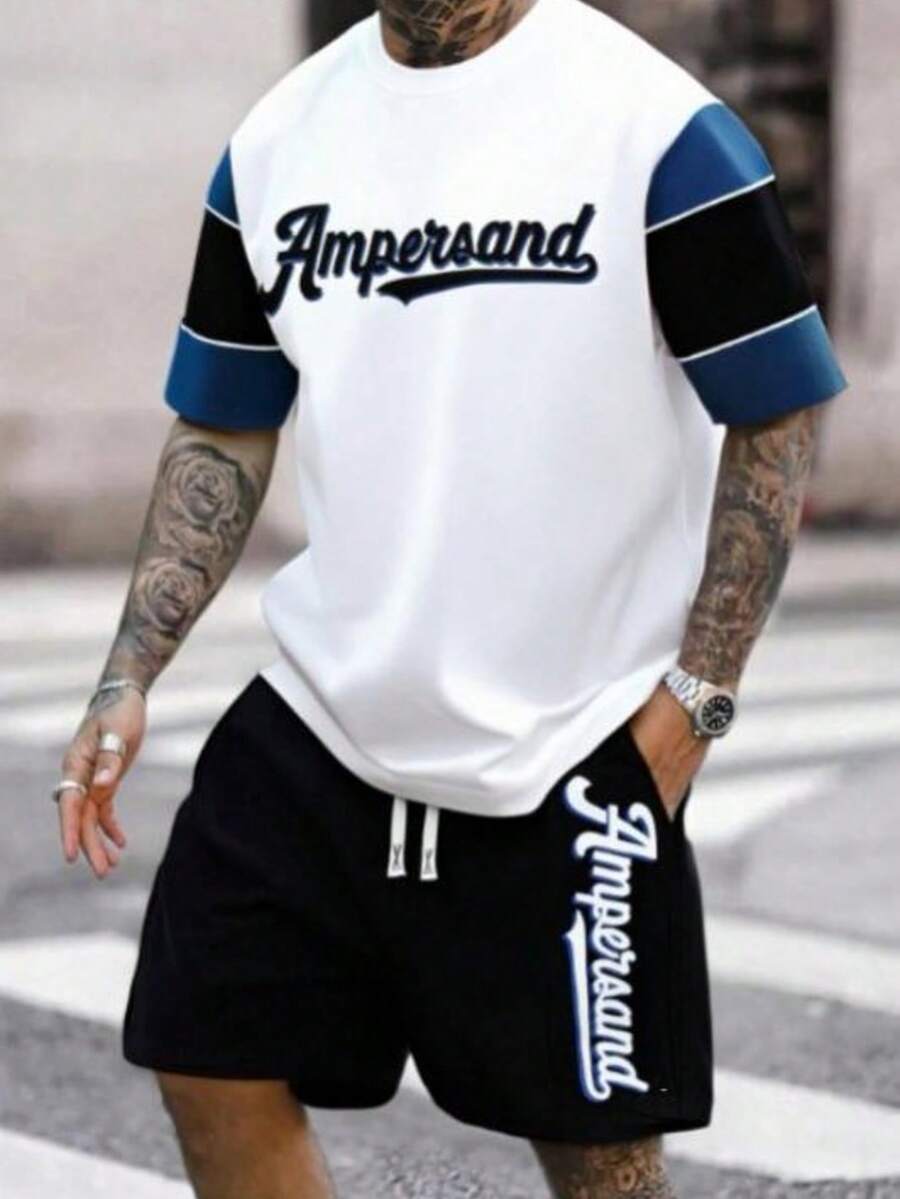 Men's Outdoor Sports Casual Drawstring Short Sleeve T-Shirt And Shorts Set, Spring/Summer - White - View 1