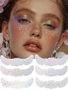 6张闪光雀斑全息贴纸，心形雀斑纹身贴纸，防水临时纹身贴纸，带有闪光星星心形点状图案，适合成人，可用于派对、节日、日常妆容等。