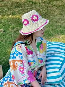 Women's Summer Handmade Woven Flower Hat, Beach Sun Hat, Fashion Patchwork Straw Hat - Flower Straw Hat - View 9