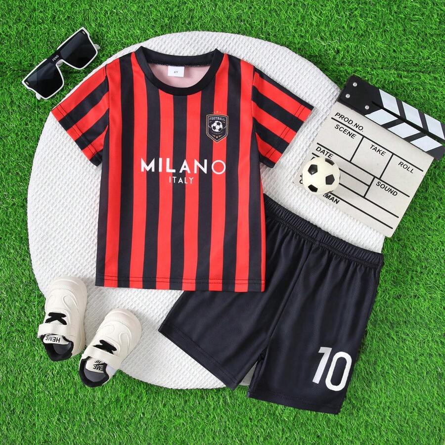 2 件套年轻男孩休闲时尚英文数字印花户外 T 恤 + 短裤套装，夏季 - 紅色 - 查看 1