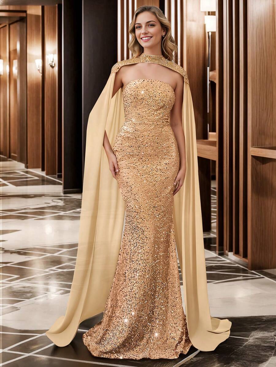 HOMEYEE 优雅美人鱼下摆雪纺披肩袖亮片连衣裙两件套，适合婚礼宾客、正式派对、秋冬季 - 金色 - 查看 1